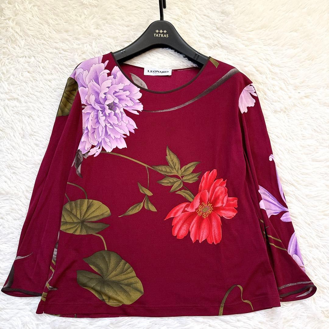 レオナール　カットソー　大きいサイズ42　花柄　シルク100% ワインレッド