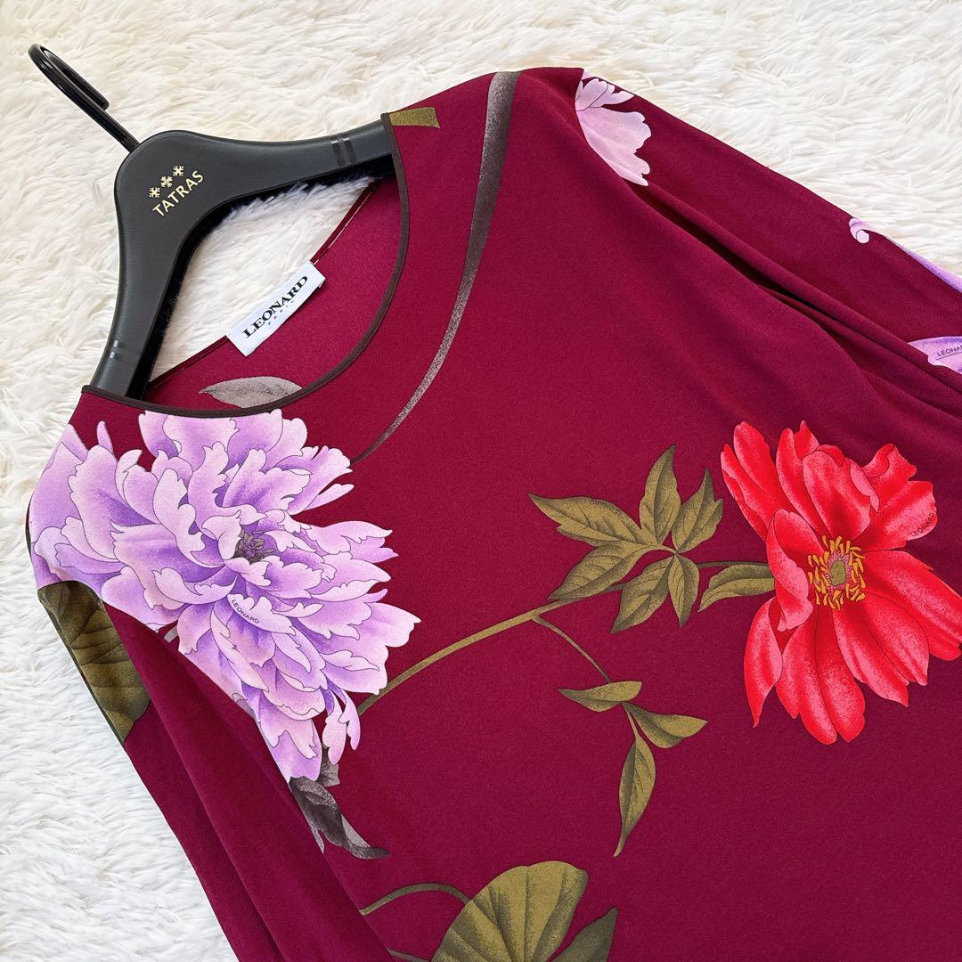 レオナール　カットソー　大きいサイズ42　花柄　シルク100% ワインレッド
