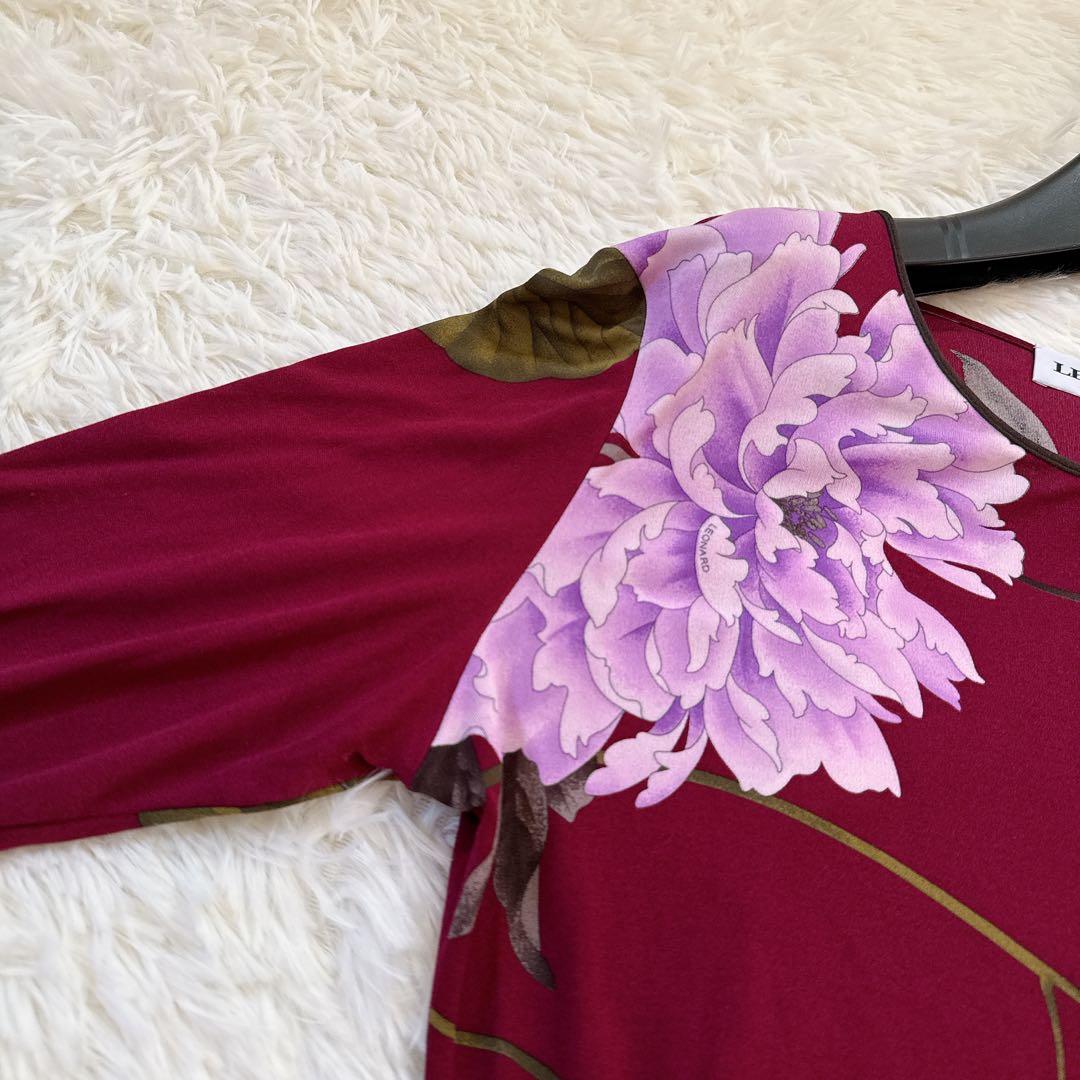 レオナール　カットソー　大きいサイズ42　花柄　シルク100% ワインレッド