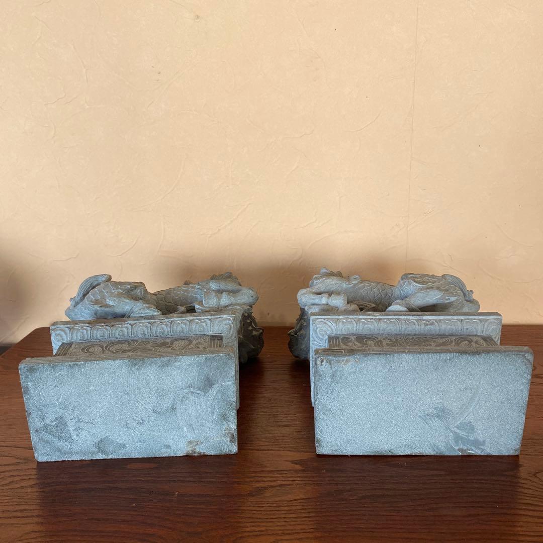 仏教美術　石像彫刻　天然石　獅子　狛犬　高さ約23cm　骨董