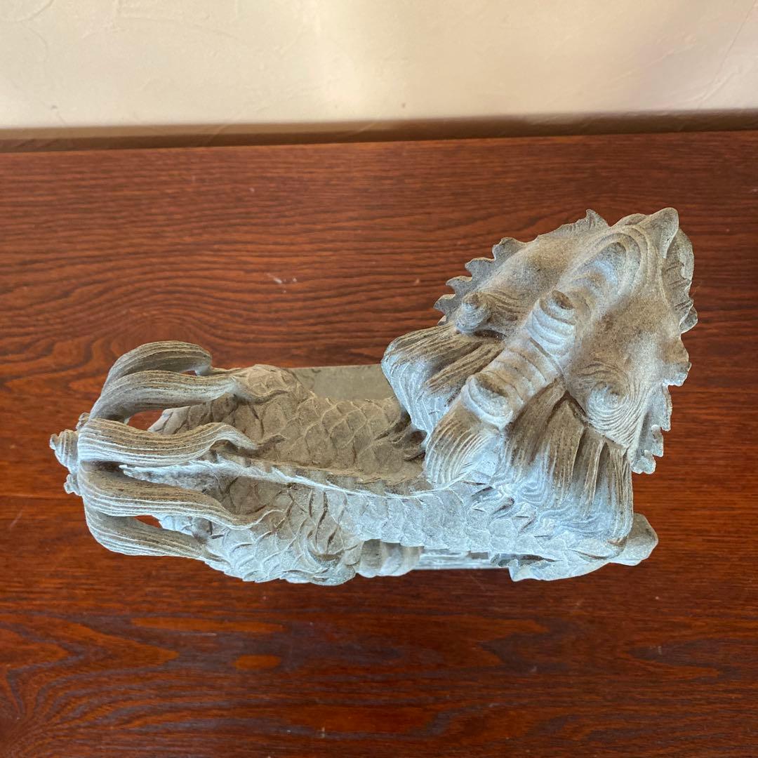 仏教美術　石像彫刻　天然石　獅子　狛犬　高さ約23cm　骨董