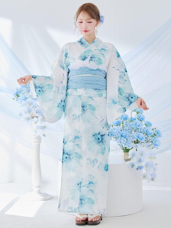 ブルーグレイニュアンスフラワー浴衣　【浴衣本体と帯のみ】