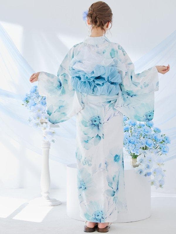 ブルーグレイニュアンスフラワー浴衣　【浴衣本体と帯のみ】