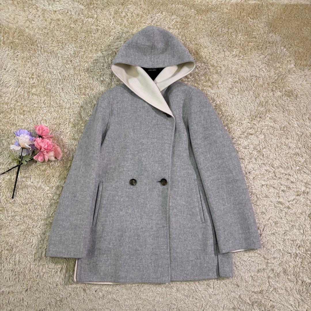 美品　23区　アンゴラ　ウール　フーディッド　リバーコート　38 グレー