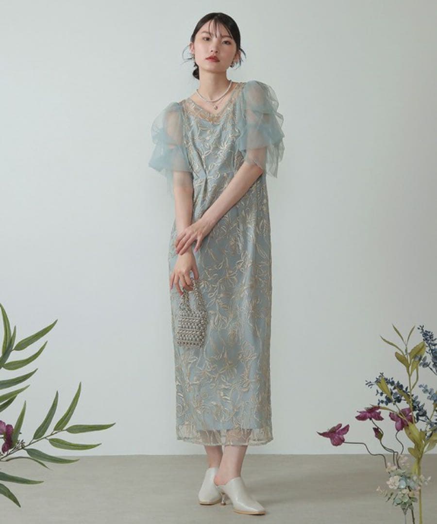 kana 刺繍レースチュールスリーブパーティードレス