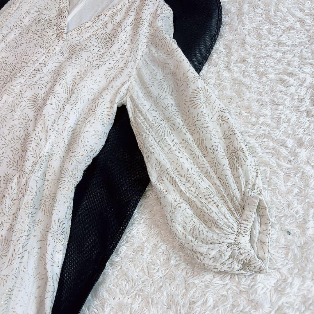 ヌキテパ ゴールドフラワープリントパネルドレス 箔プリント ロングワンピース M