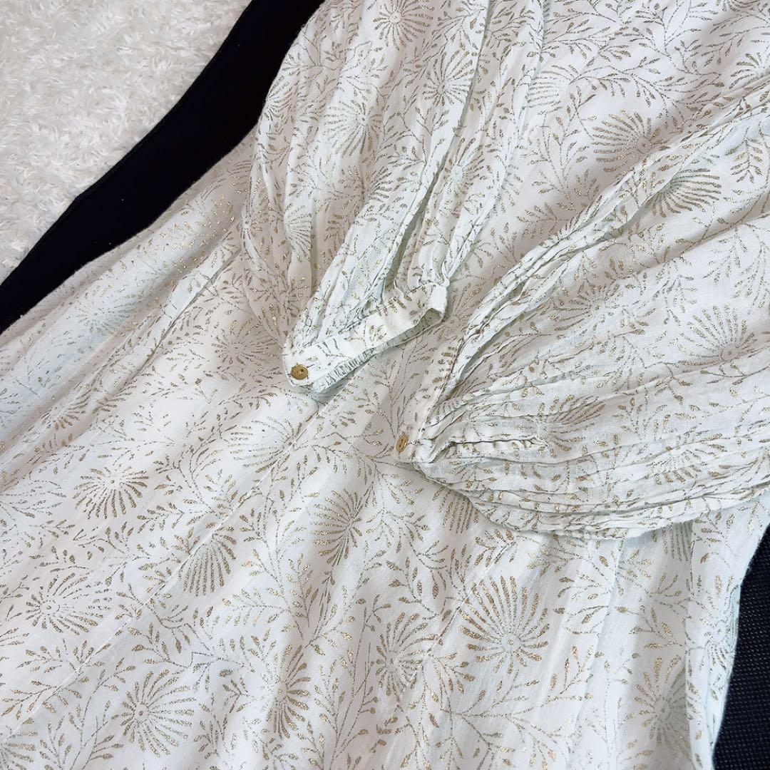 ヌキテパ ゴールドフラワープリントパネルドレス 箔プリント ロングワンピース M