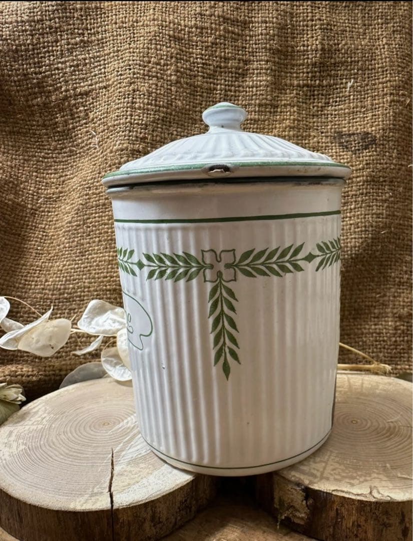 フランスヴィンテージ BB社 ホーローキャニスター　ローレルリース柄