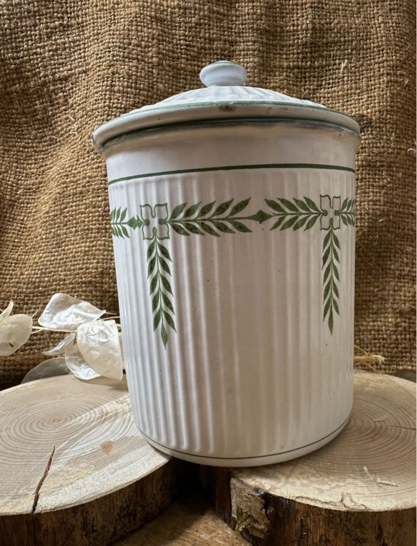 フランスヴィンテージ BB社 ホーローキャニスター　ローレルリース柄