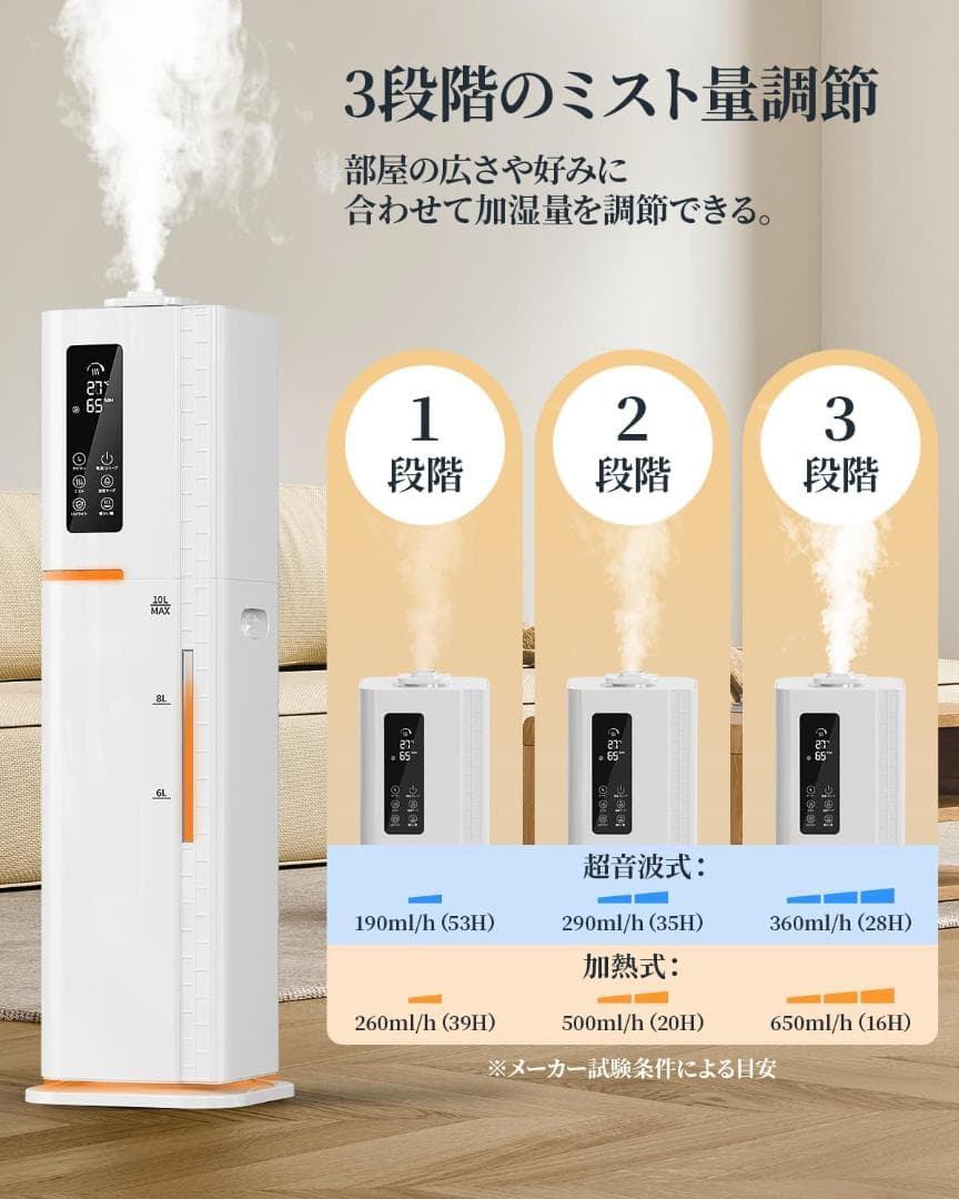 【AI自動湿度調整】加湿器 10L 大容量 ハイブリッド 45畳対応 アロマ対応