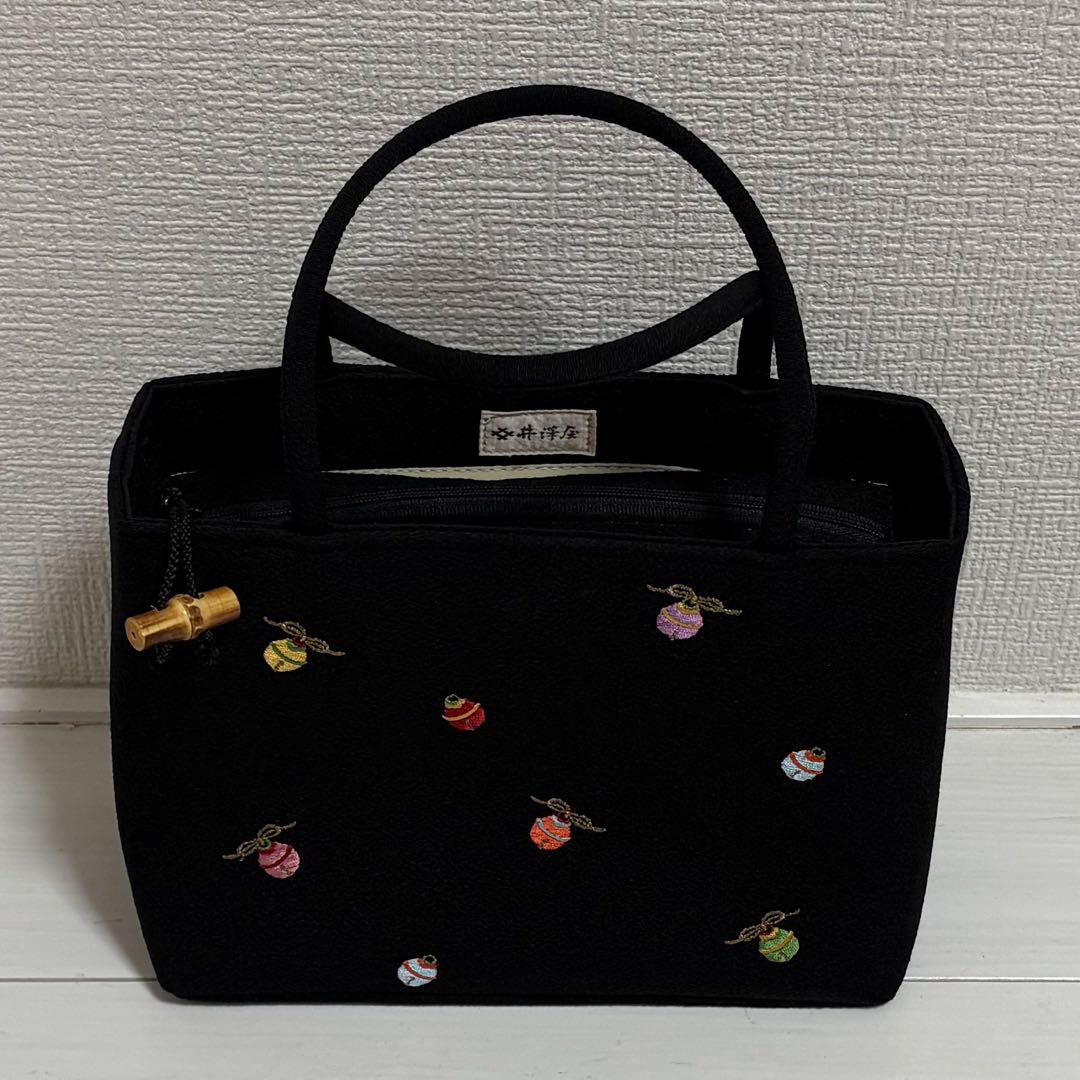 京都 井澤屋 バッグ「小鈴」黒 ちりめん 手提げバック 和装 鈴柄