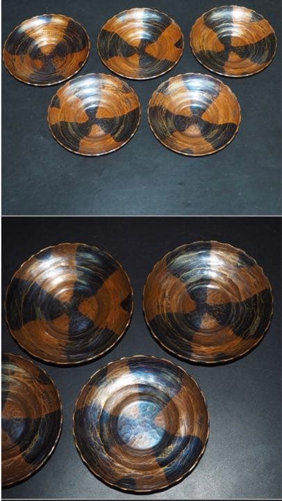 送料無料　秀逸作　『水の音』手打ち銅製茶托５客　作家物　共箱　径8.4ｃｍ