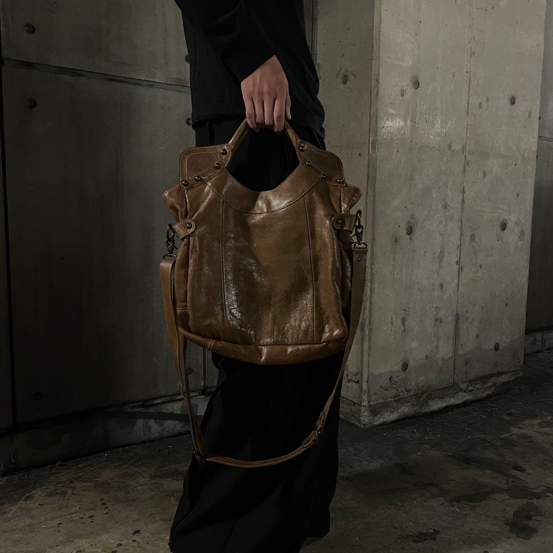 Y2K グランジ スタッズ 本革レザー ショルダーバッグ アーカイブ ギミック