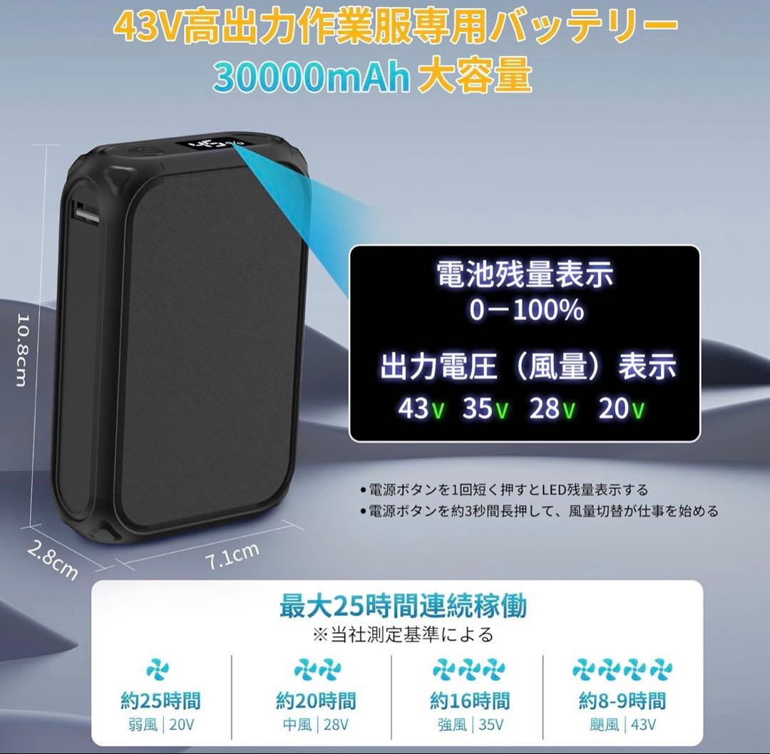 空調作業服 ファンバッテリーセット 43V超高出力 30000mAh バッテリー