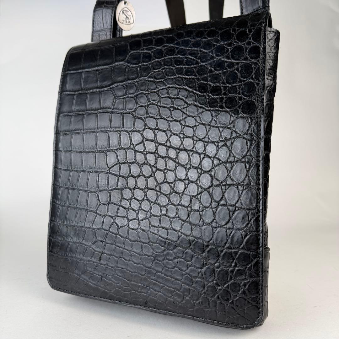 【未使用級】JRA認定 クロコダイル マット ショルダーバッグ 被せ ブラック
