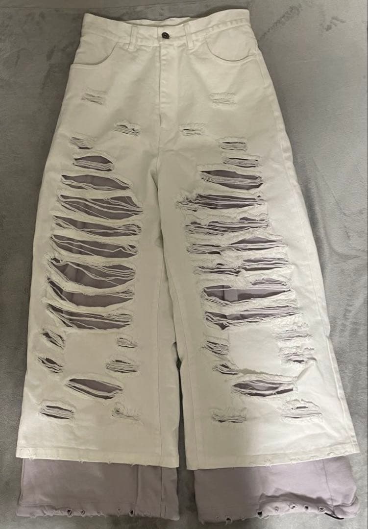 GRANCYスウェットドッキングデザインダメージバギーデニムパンツ ホワイト