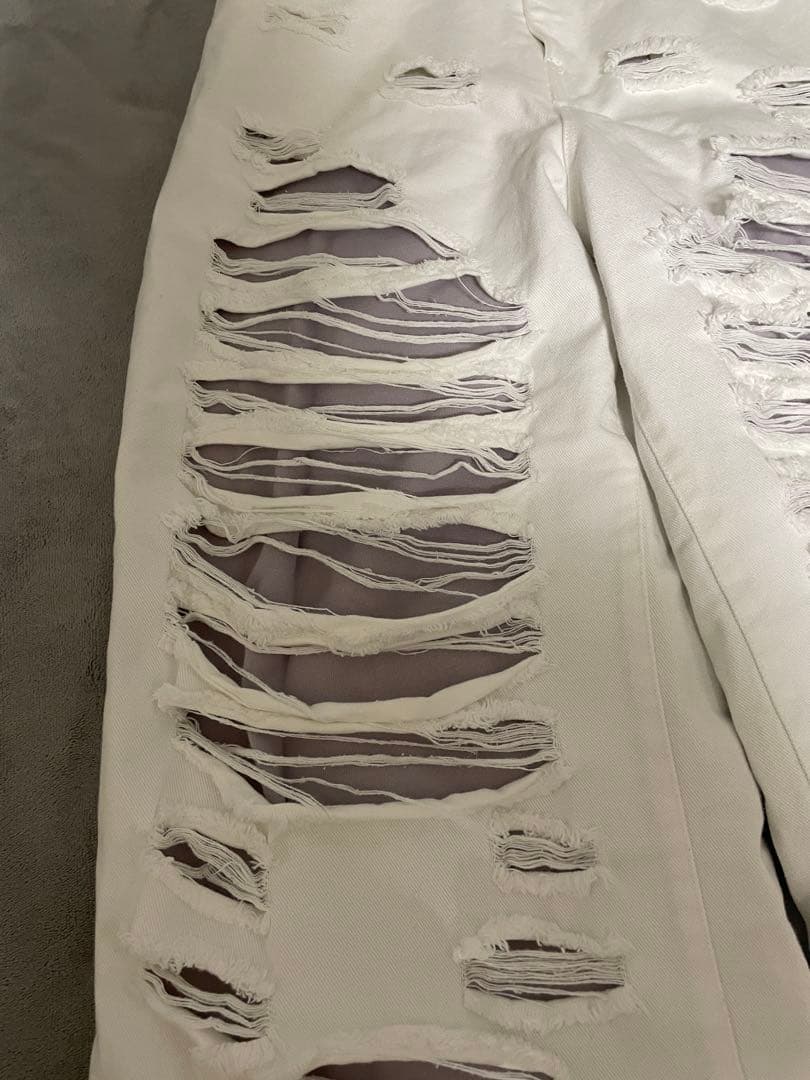 GRANCYスウェットドッキングデザインダメージバギーデニムパンツ ホワイト