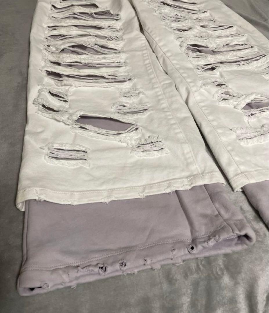 GRANCYスウェットドッキングデザインダメージバギーデニムパンツ ホワイト