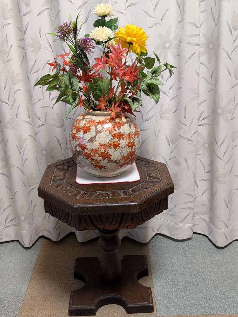 古家具　民芸家具　木製　木彫り　サイドテーブル　花台