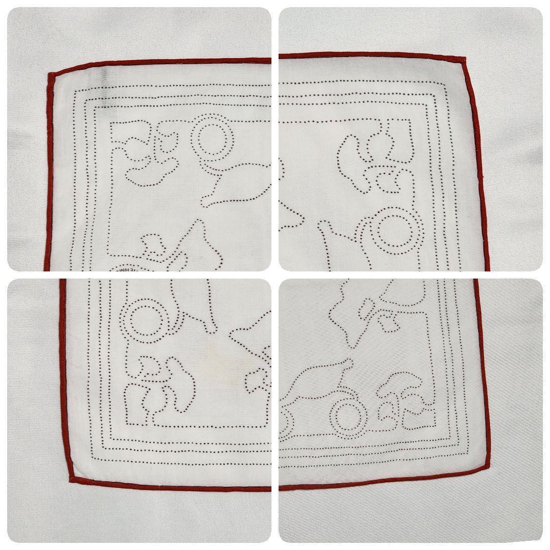 ☆HERMES☆ ハンカチ 馬車 木 家 点描 綿100％ ホワイト レッド