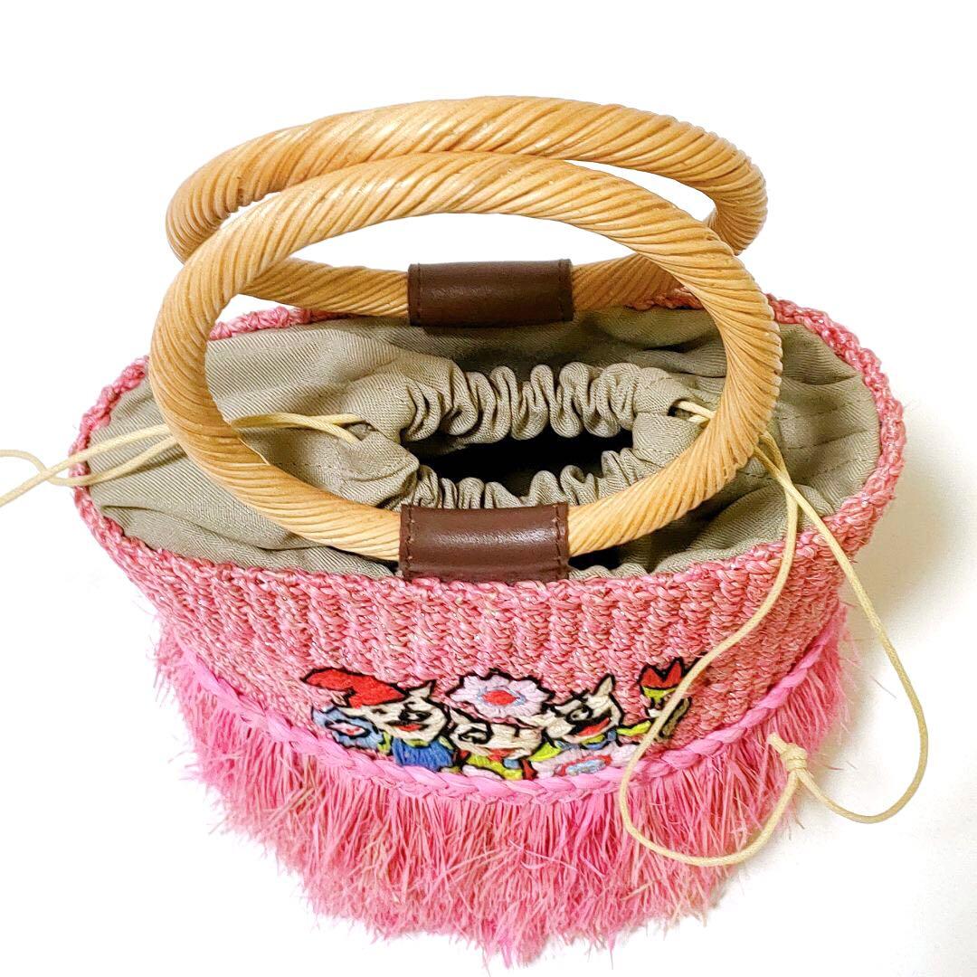 ①アルベルベロ / オレボレブラ フリンジかごバッグ 小ぶり ブタさん刺繍