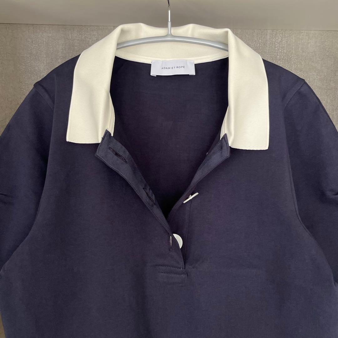 新品★アダムエロペ　コクーンスリーブポロシャツ　ネイビー×ホワイト　半袖　襟付き