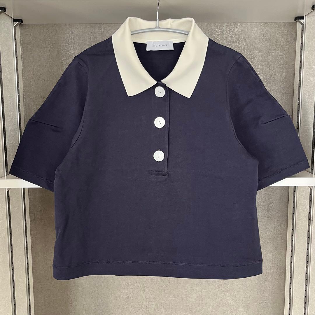 新品★アダムエロペ　コクーンスリーブポロシャツ　ネイビー×ホワイト　半袖　襟付き