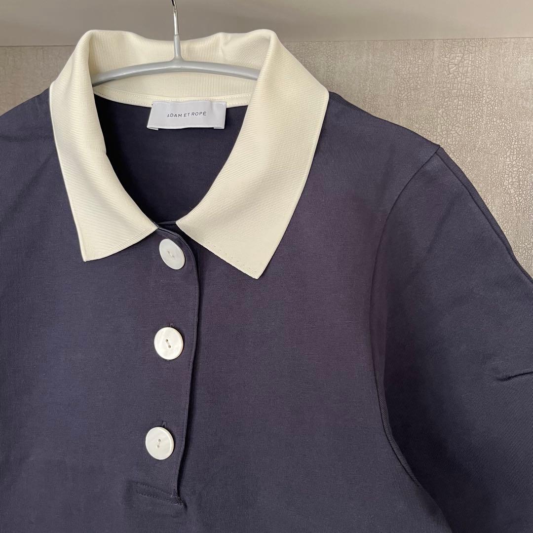 新品★アダムエロペ　コクーンスリーブポロシャツ　ネイビー×ホワイト　半袖　襟付き
