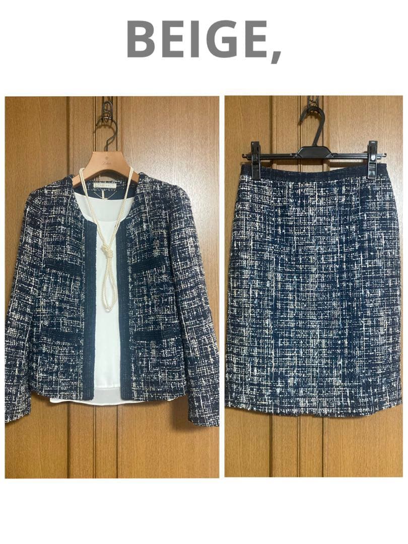 BEIGE, ベイジ　ツィード　ノーカラージャケット　スカート　6　ネイビー