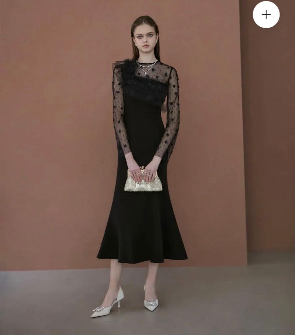 【LEJA】フラワーモチーフアシンメトリーチュールマーメイドワンピースドレス