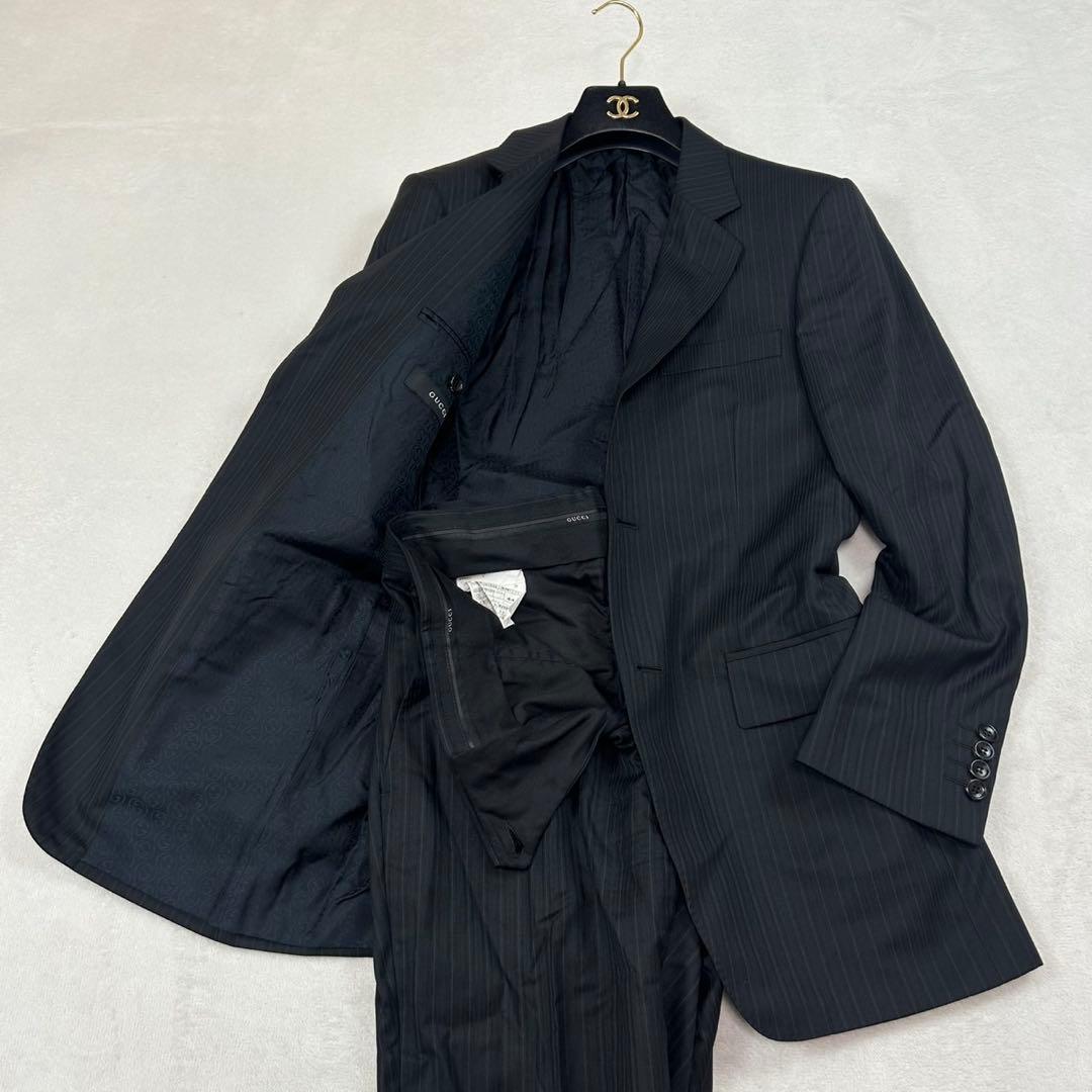 J605 美品 S グッチ イタリア製 シルク混 スーツ上下 ネイビー メンズ