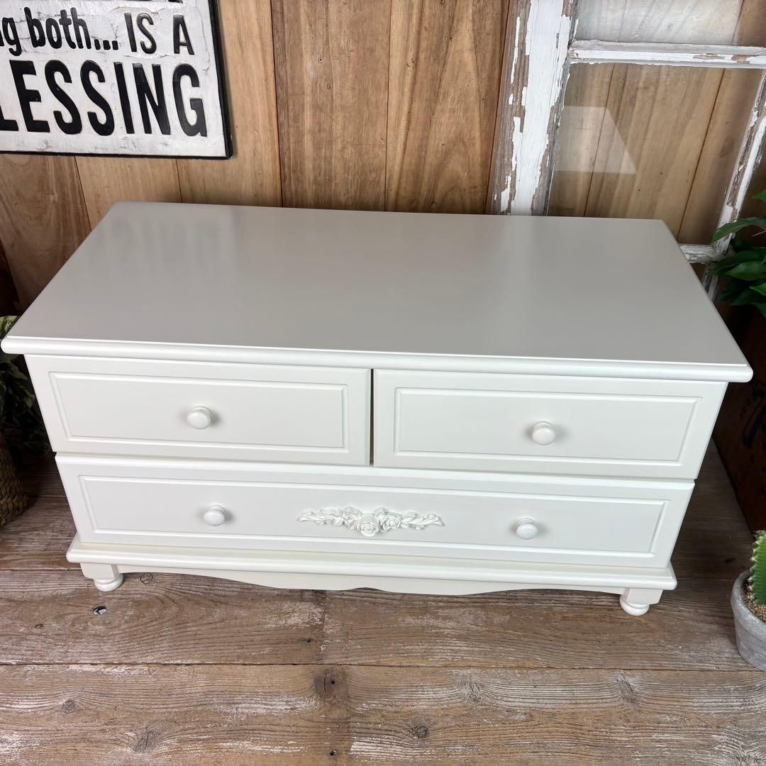 フレンチ調ホワイトチェスト横長木製収納家具姫系洋タンス飾り棚姫かわテレビ台TV台