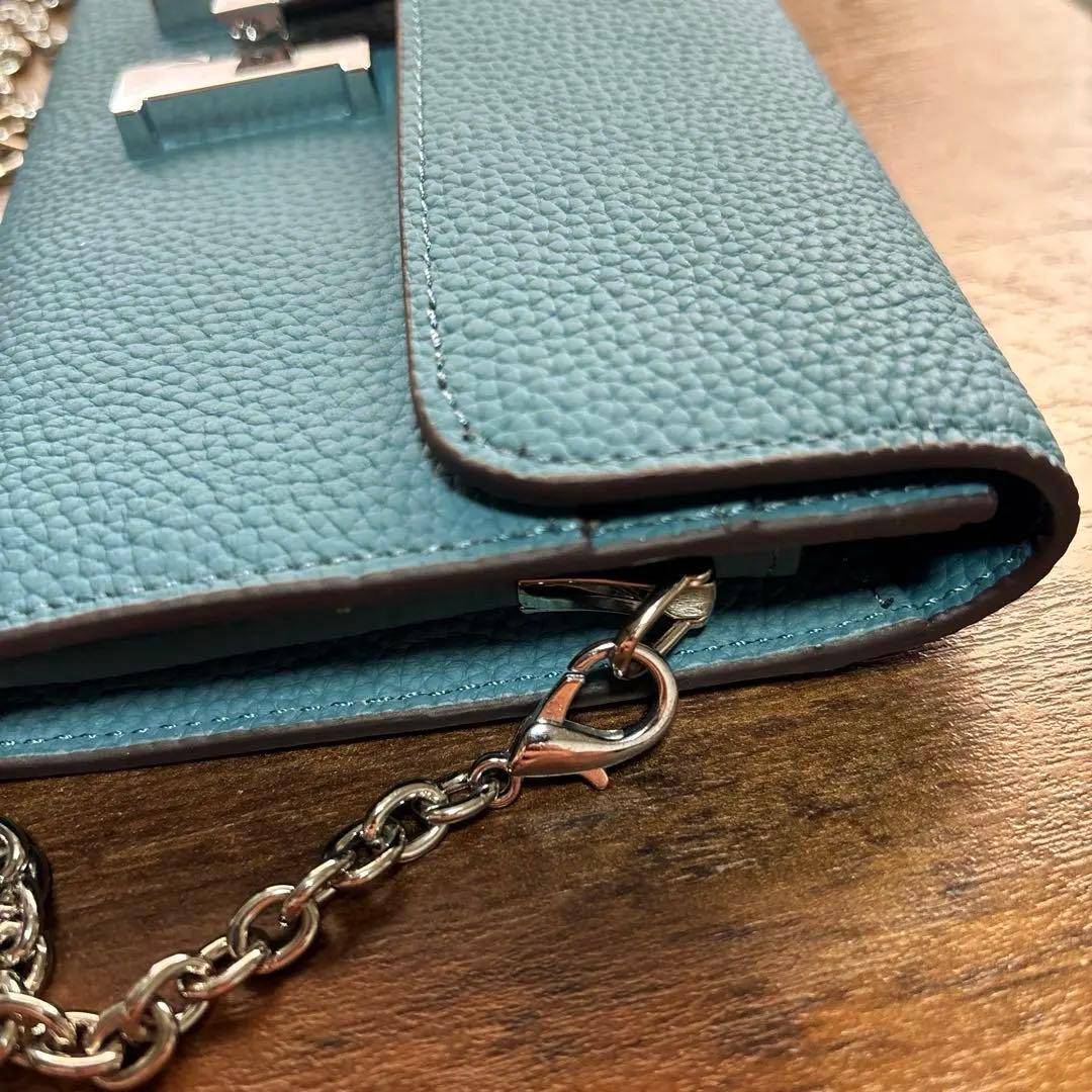 青いレザー Hロゴ 長財布　のり