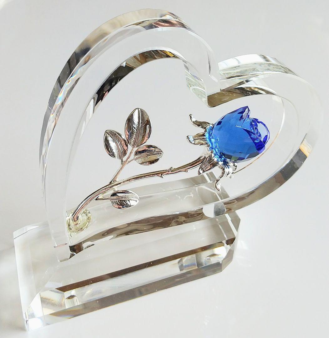 クリスタルハート 青いバラ 置物