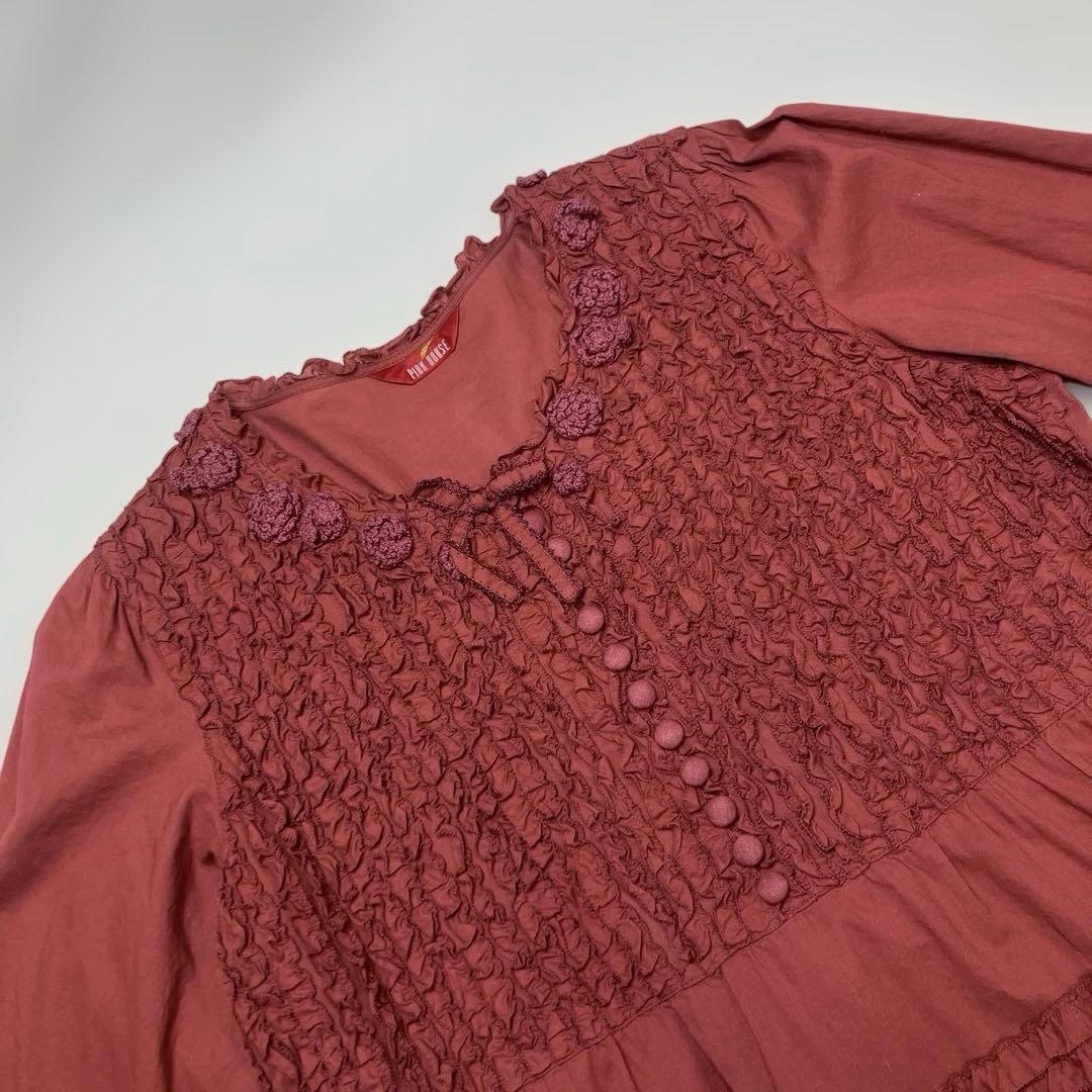 ピンクハウス くすみワインレッド ピコフリル 花モチーフ チュニック