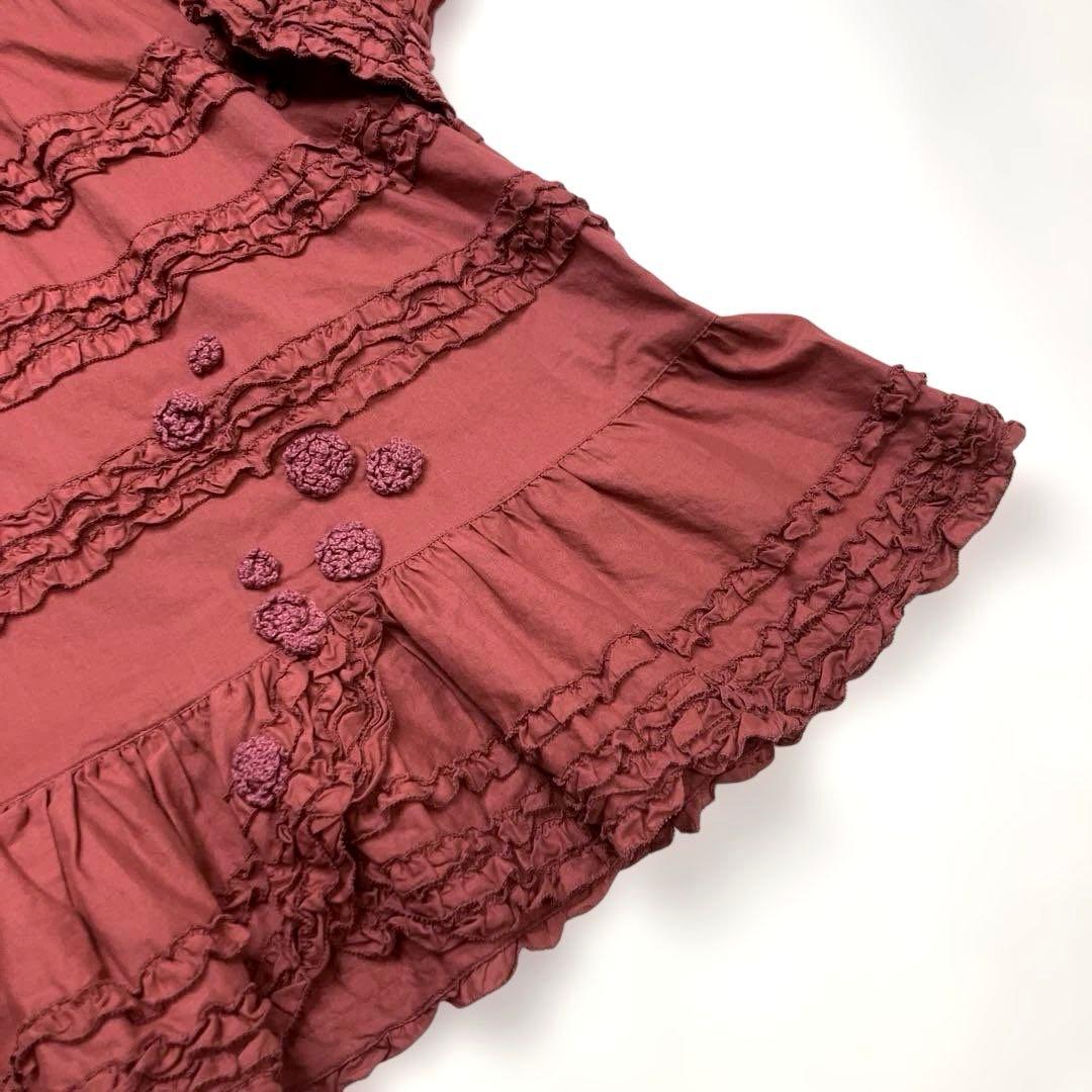 ピンクハウス くすみワインレッド ピコフリル 花モチーフ チュニック