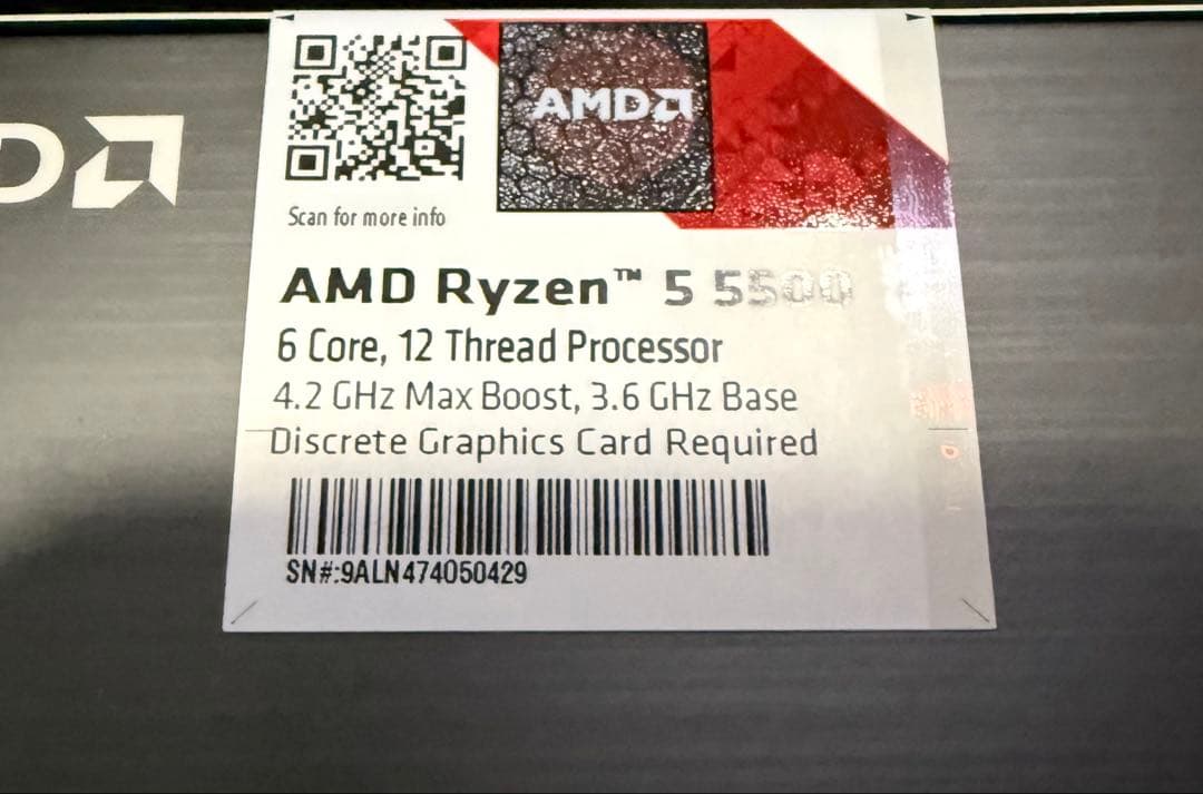 AMD Ryzen 5 5500 3.6GHz 6コア12スレッド19MB65W
