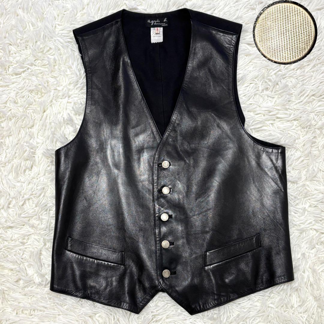 【極美品】本革リアルレザー 銀ボタン アニエスベー ジレベスト 光沢ブラック黒