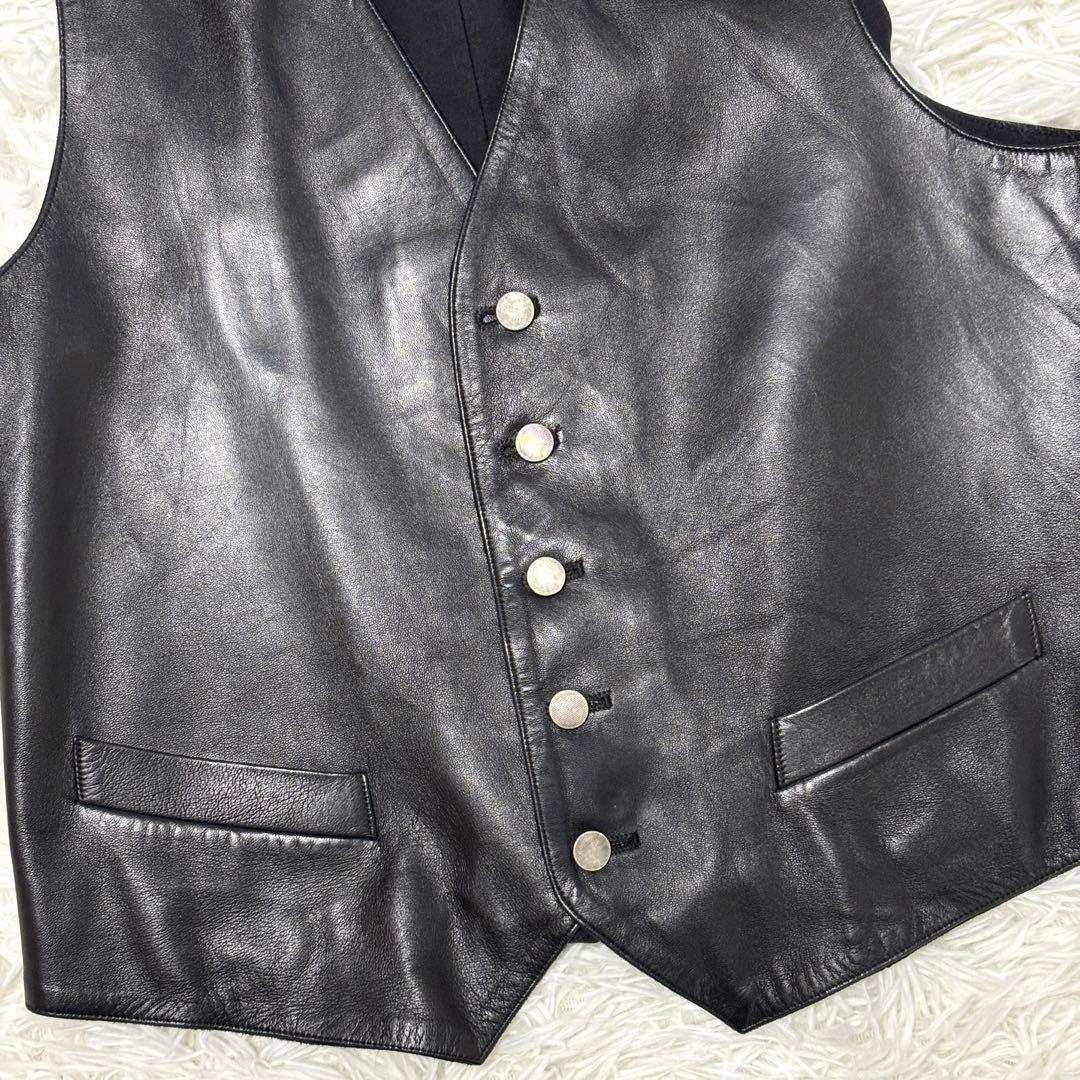 【極美品】本革リアルレザー 銀ボタン アニエスベー ジレベスト 光沢ブラック黒