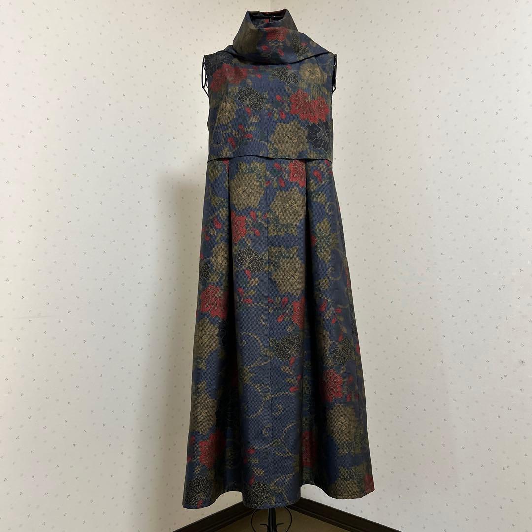 着物リメイク　正絹大島紬　タック入りジャンパースカートロング＊スヌード(Ｍ〜Ｌ)