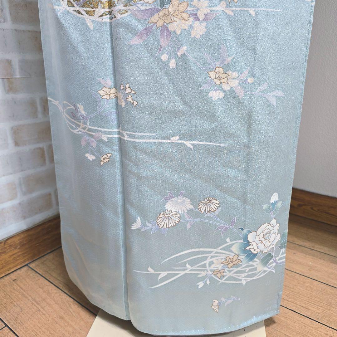 水色花の丸訪問着と袋帯・帯揚げ帯締めの4点フルセット