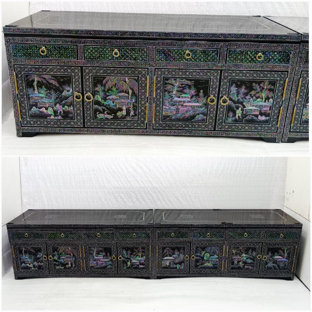 韓国民芸家具 高級 螺鈿細工 黒漆塗り 豪華収 サイドボード+飾り棚 4点セット