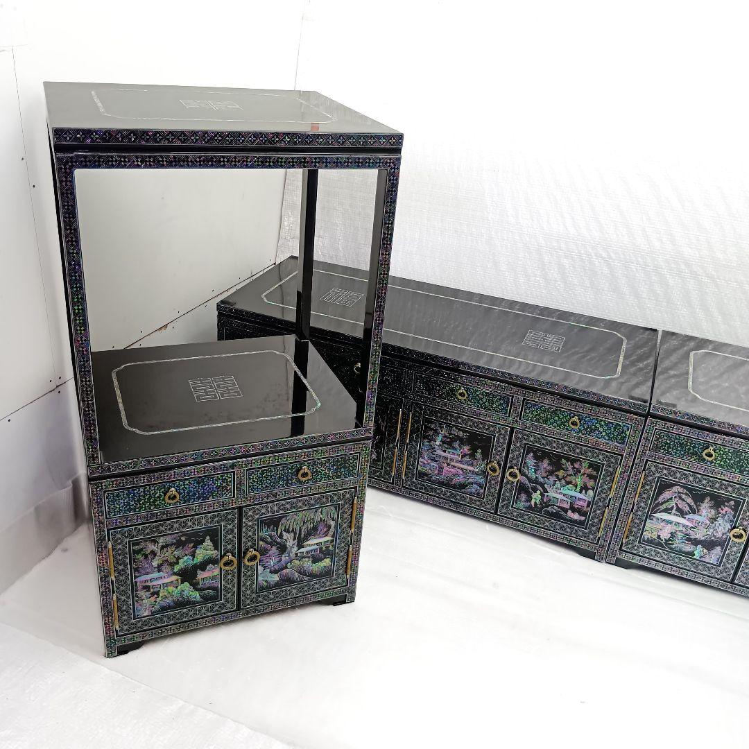 韓国民芸家具 高級 螺鈿細工 黒漆塗り 豪華収 サイドボード+飾り棚 4点セット