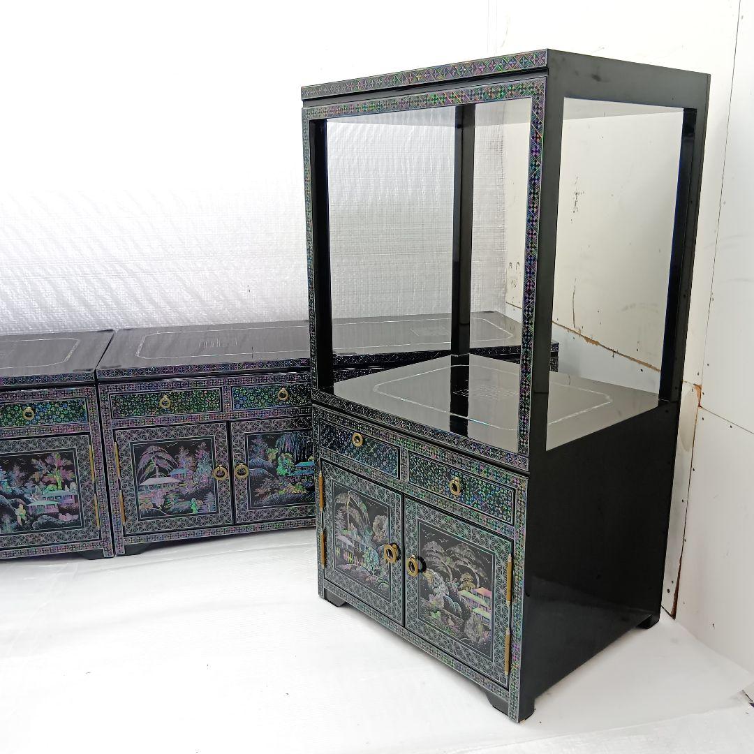 韓国民芸家具 高級 螺鈿細工 黒漆塗り 豪華収 サイドボード+飾り棚 4点セット