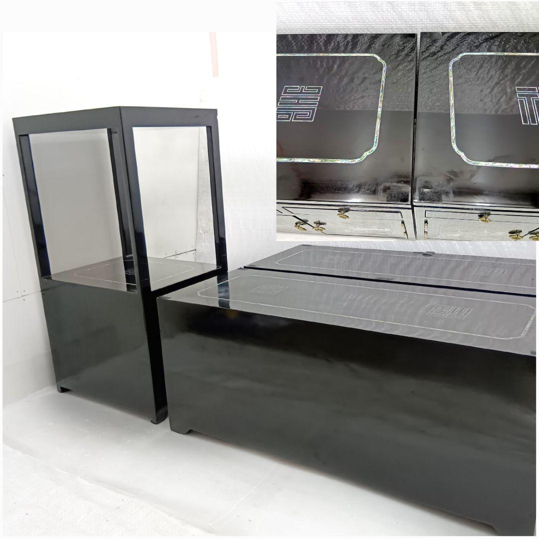 韓国民芸家具 高級 螺鈿細工 黒漆塗り 豪華収 サイドボード+飾り棚 4点セット