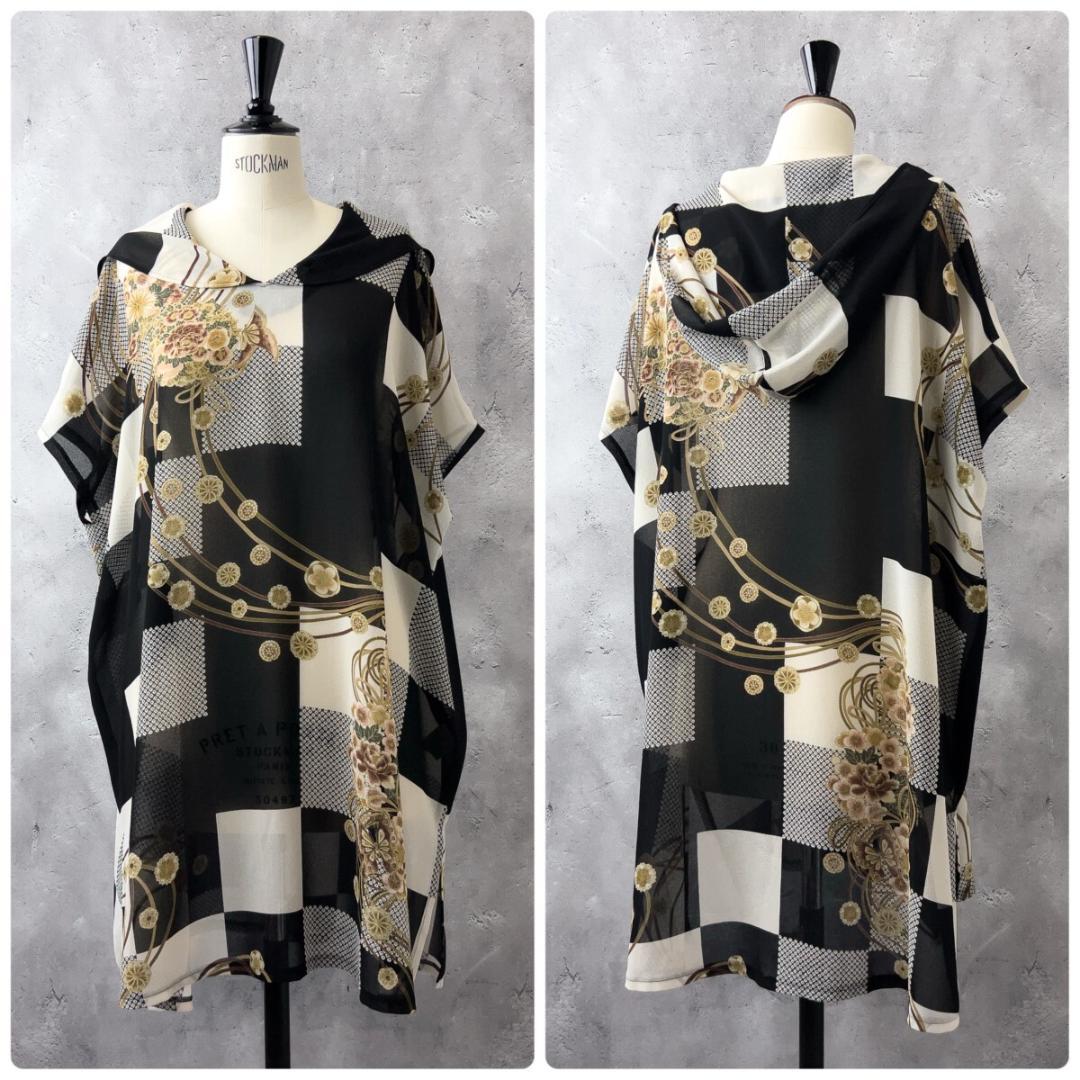 詩仙堂 シセンドウ フード シフォン ロング チュニック ワンピース 花柄 黒