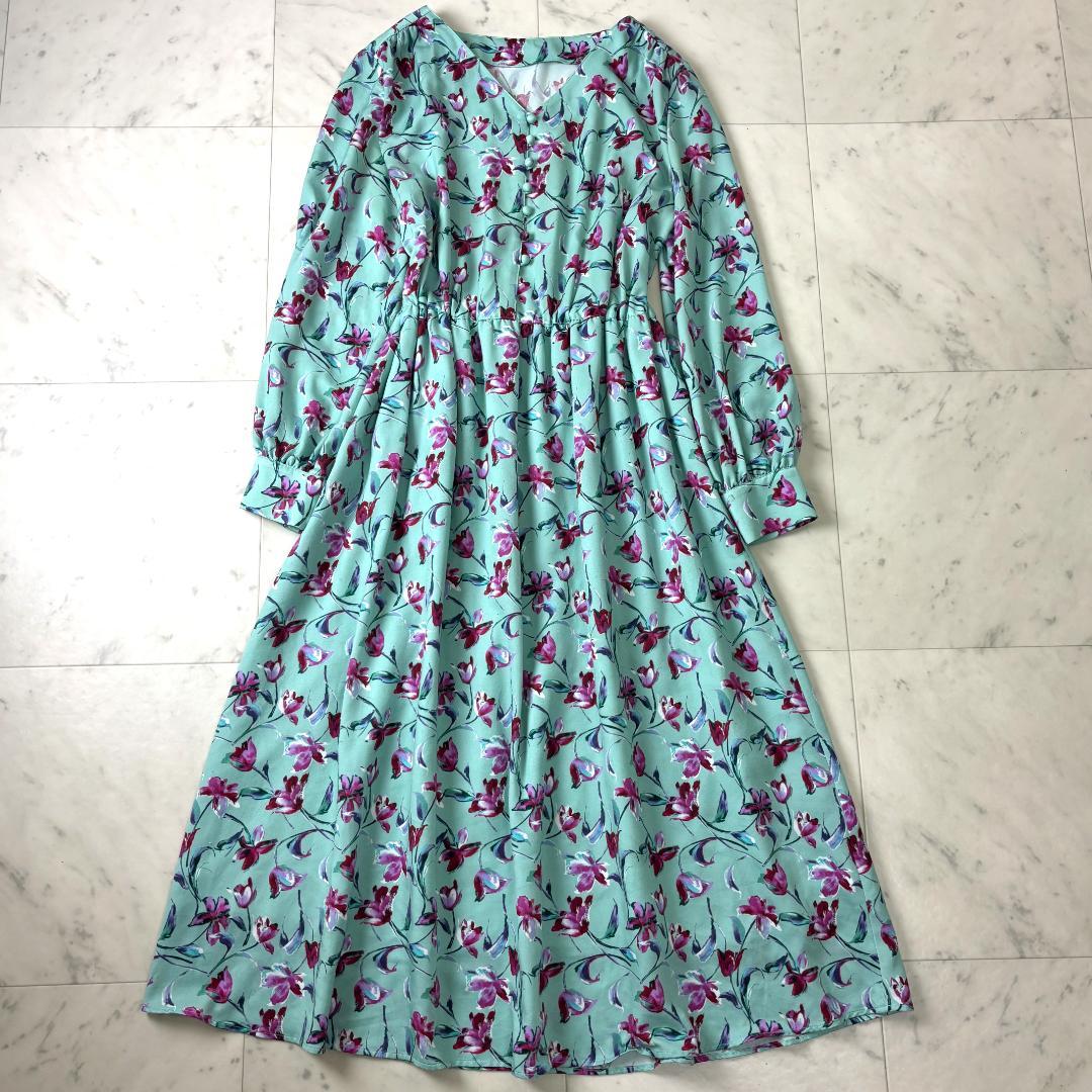 ANAYI フラワーペイントプリント ロングワンピース M ミント 花柄 アナイ
