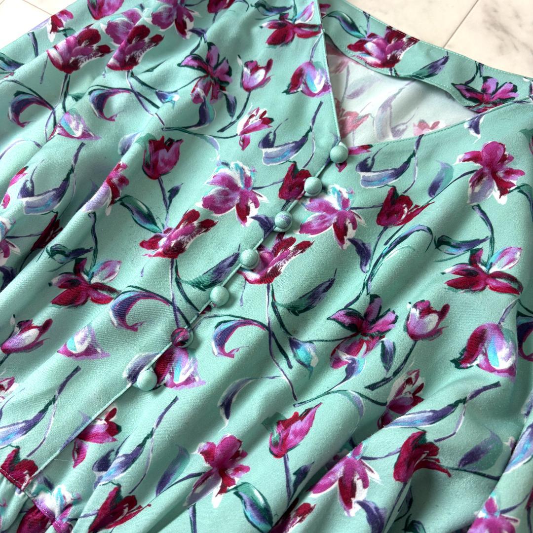 ANAYI フラワーペイントプリント ロングワンピース M ミント 花柄 アナイ