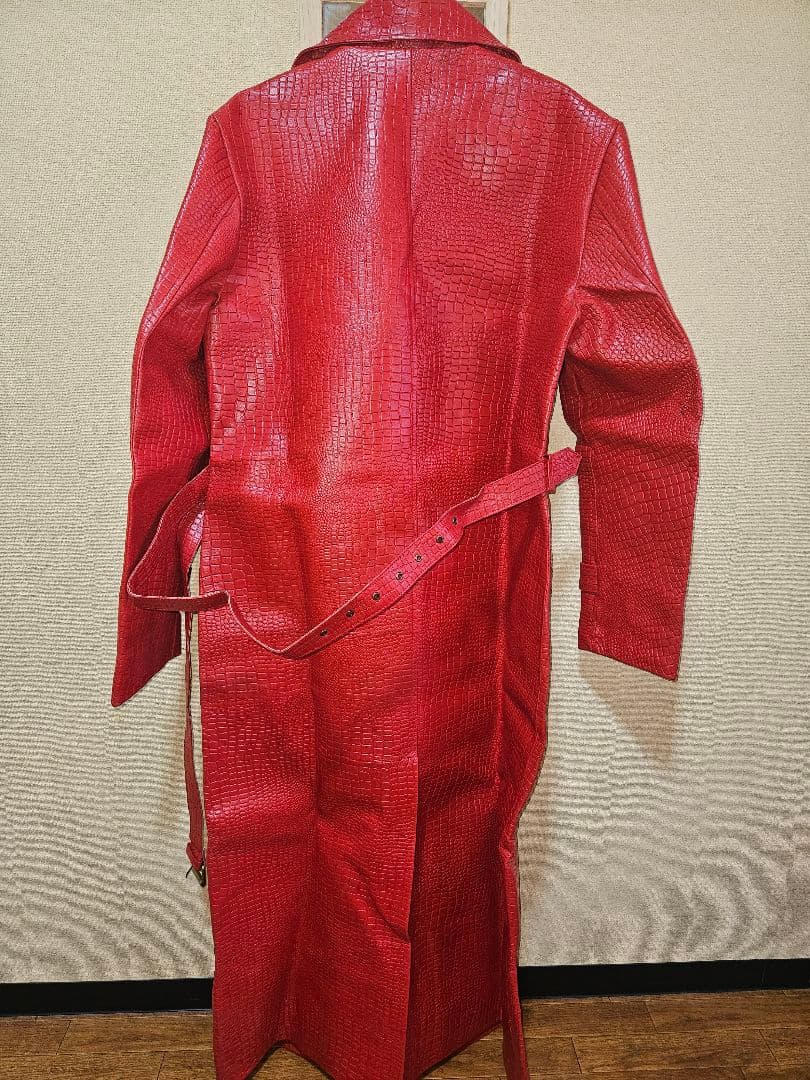 値下げ致します。メンズ赤レザークロコダイル型押しロングチェスターコートXXL