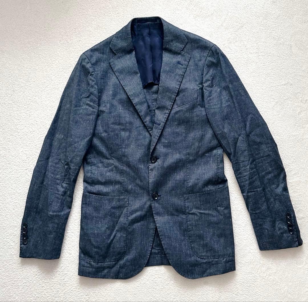 【美品】ビームスエフ　テーラードジャケット　シャンブレー　ネイビー　リネン　現行